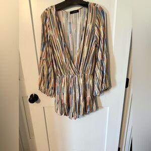 Blue and Pink Pleated Wrap Romper